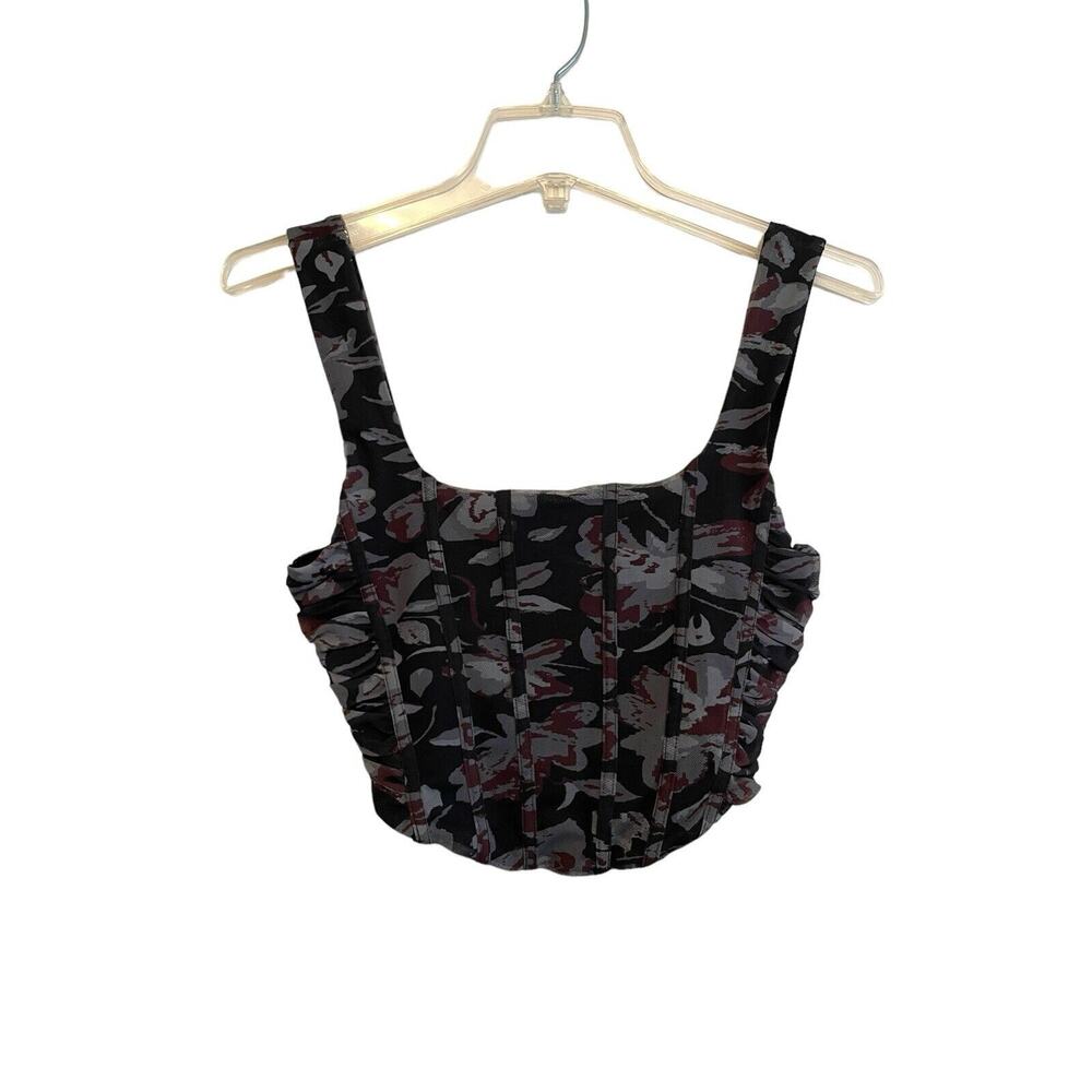 Free People Galaxy Corset Tank Top Size Small Mesh Black Gray Floral Cropped NWT